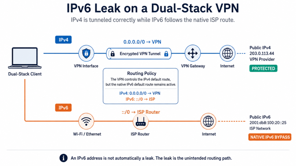 IPv6 leak on a dual-stack VPN showing IPv4 routed through the VPN while IPv6 bypasses it through the ISP