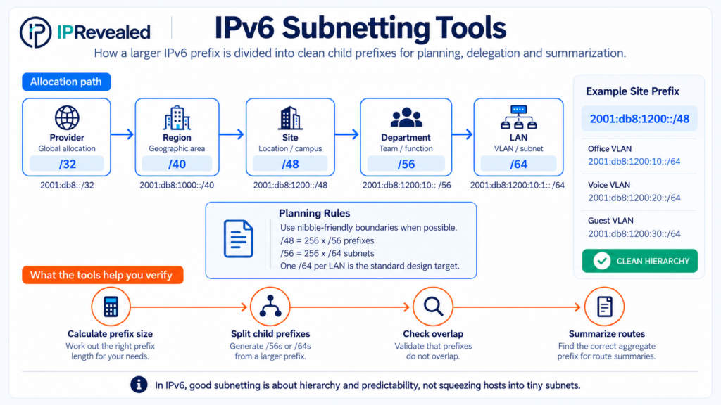 IPv6 subnetting tools infographic showing prefix planning, child-prefix splitting, overlap checking, range conversion, and route summarization.